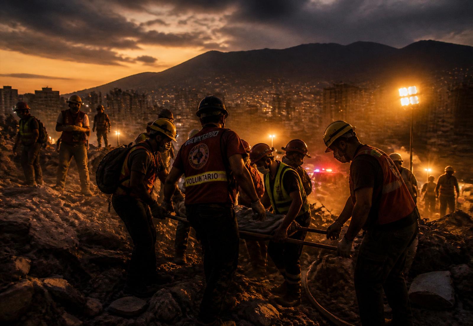 Voluntarios de rescate trabajando en equipo durante una emergencia en Caracas